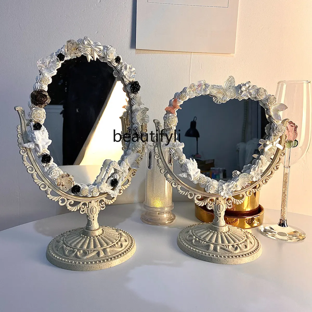 Yj-Retro Makeup Mirror, Desktop, Desktop, Double-Sided, Princess Dressing Mirror, DIY Material