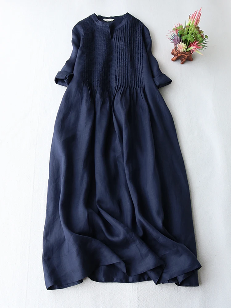 Chiffon Dresses Stand Collar Elegant Organ Pleats Three Quarter Sleeve Casual Loose Office Lady Party Dress Long Maxi Sundress