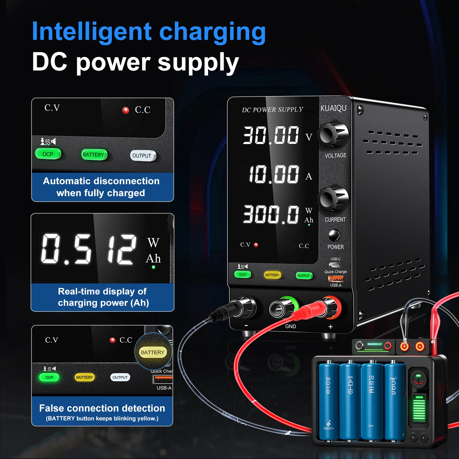 Battery Charging DC Power Supply with Output Switch/Prompt Sound/OCP Function/Protecting batteries, Adjustable Laboratory Power