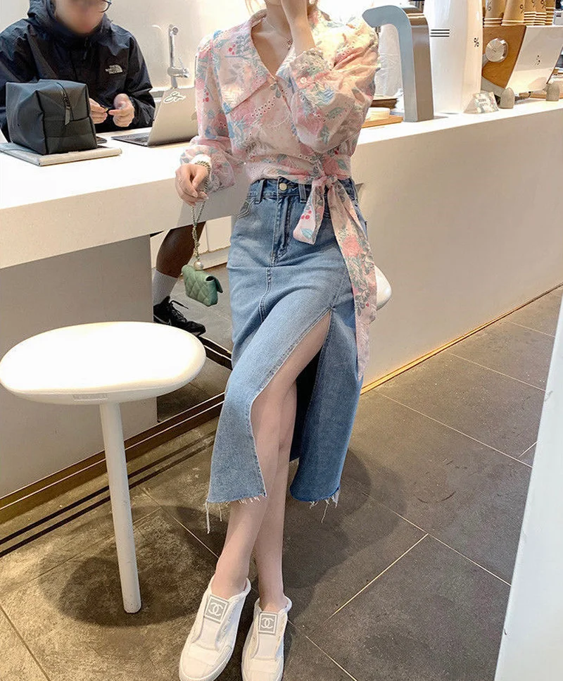 Clothing Floral Women\'s Shirts and Blouses Full Sleeves Top for Woman Kawaii with Bow Chiffon Cute Luxury Designer Pretty Tall M