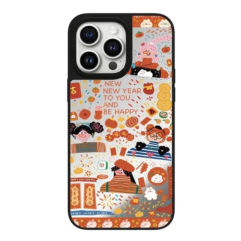 

Mirror Surface New Year Girl Graffiti Phone Case Cover for iPhone 11 12 13 14 15 Pro Max Case for iPhone 15 ProMax