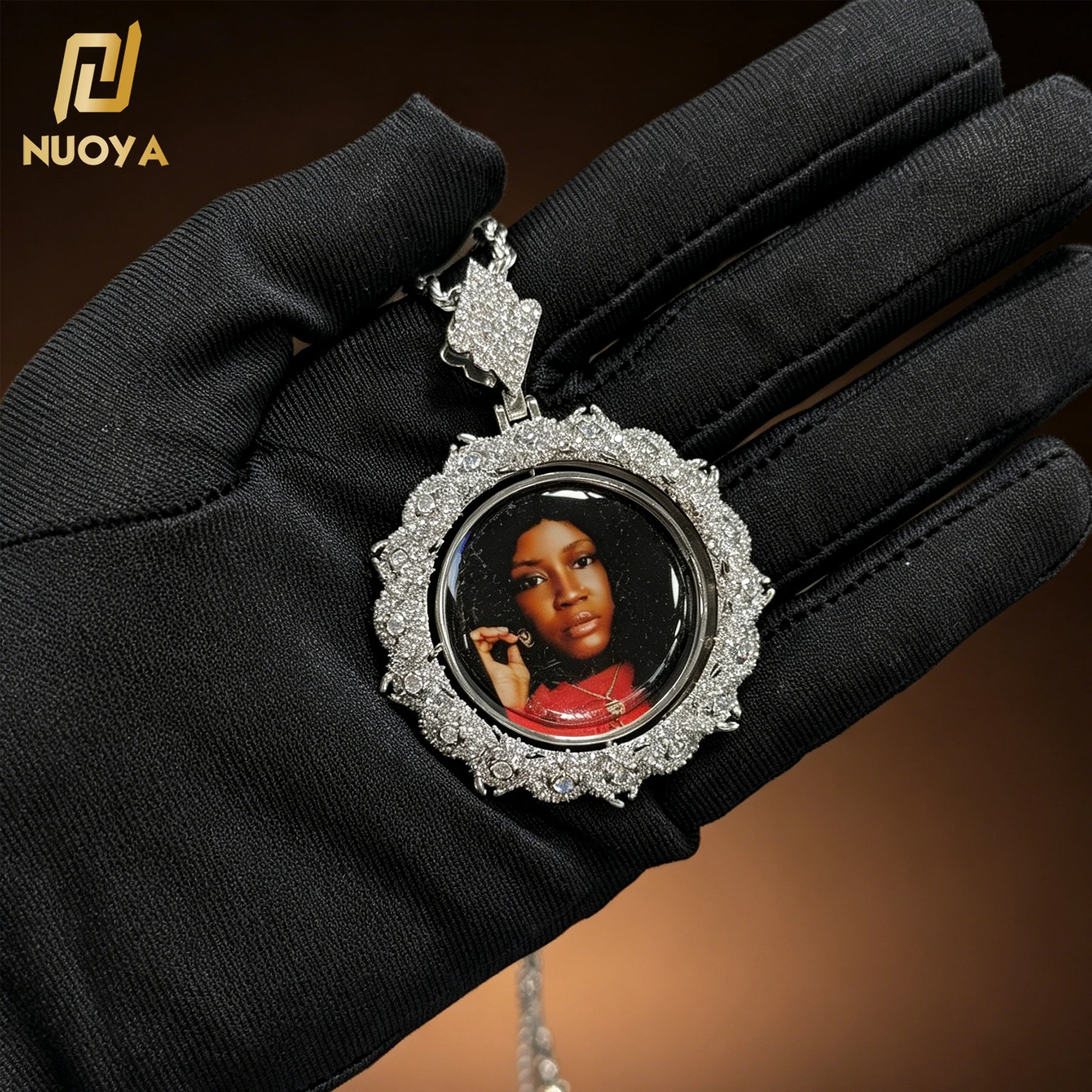 40mm Custom Necklace Rotating Thorns Photo Pendant Double Side 5A Cubic Zircon Brass Circle Chain Hip Hop Jewelry for Men Women