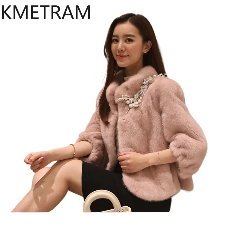 KMETRAM 100% فرو المنك الوقوف طوق معطف الفرو الحقيقي موضة قصيرة الوردي معاطف للمرأة 2025 شتاء جديد في السترات fourrures فام