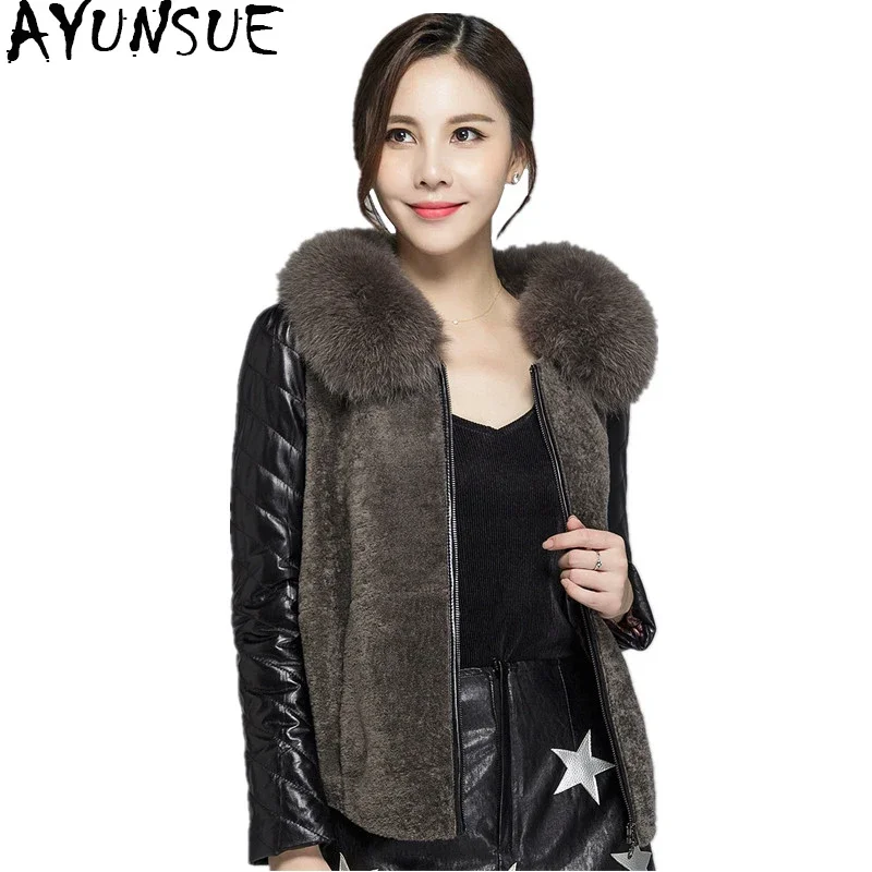 

AYUNSUE 2020 Natural Sheep Fur Coat With Real Fox Fur Collar Coats Genuine Sheepskin Patchwork Sleeve Winter Jacket Women 21309