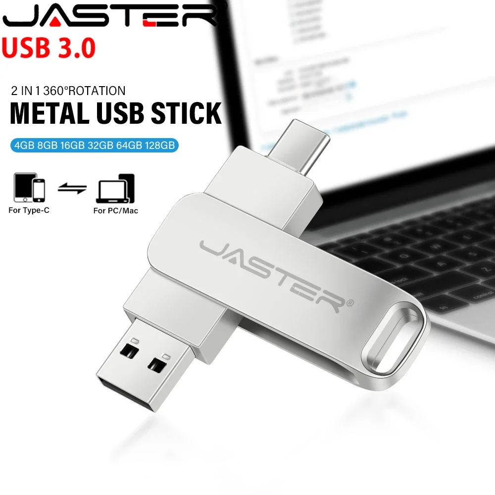 JASTER-Metal Rotatable Flash Drive, Pen Drive de alta velocidade, Stick USB Prata, TYPE-C, 2 em 1 Memory Stick, 16GB, 32GB, 64GB, 128GB