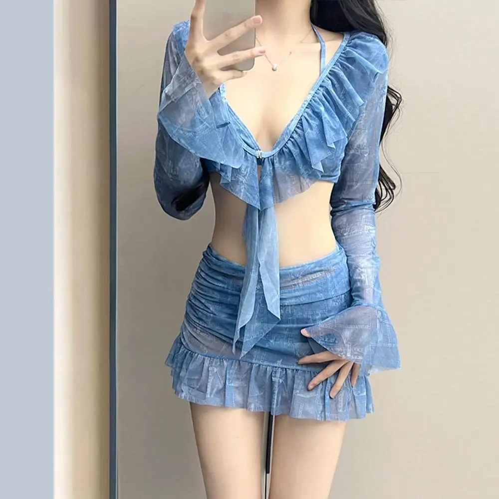 

Trendy Sexy Design Halter Neck Bikini Split Bikini Halter Neck 4-Piece Set Long Sleeve Slimming Fit Two-Piece Bikini Swimming