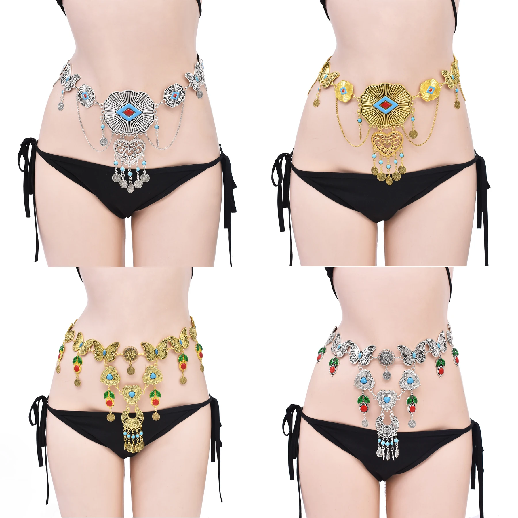 

Vintage Bohemian Ethnic Waist Belly Chain Golden Silvery Heart Butterfly Coin Long Tassel Pendant Body Chain Jewelry Accessories