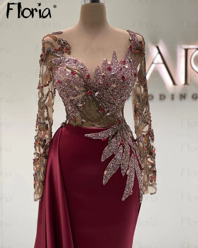 Burgundy Muslim Luxury Sparkle Beaded Evening Gown Aso Ebi Long Sleeves For Women Formal Party Dress Plus Size Wedding Gown