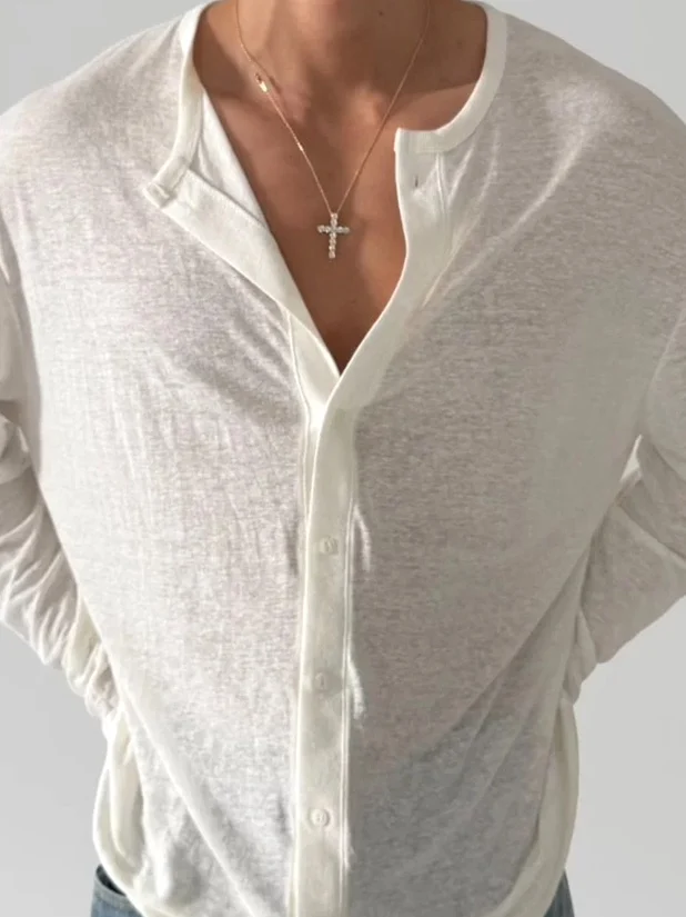 American Style Loose Linen Knitted Cardigan Men's Lightweight Long Sleeve Mesh Line Shirt Breathable Comfortable Summer T-Shirt