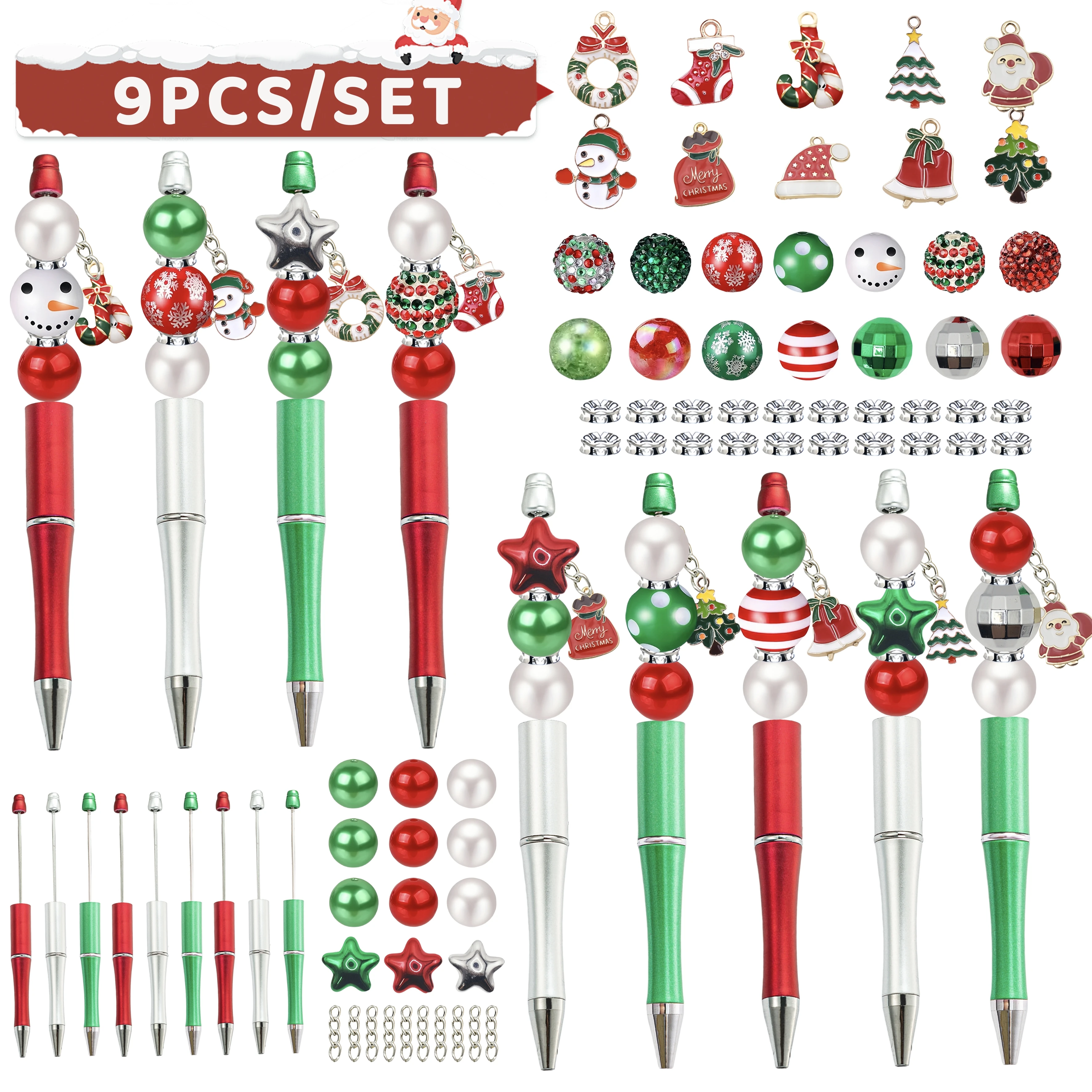 9PCS Red Green Silver Christmas Themed DIY Bead Ballpoint Pen & Acrylic Star Bead & Santa Claus Snowman Pine Tree Bell Pendant