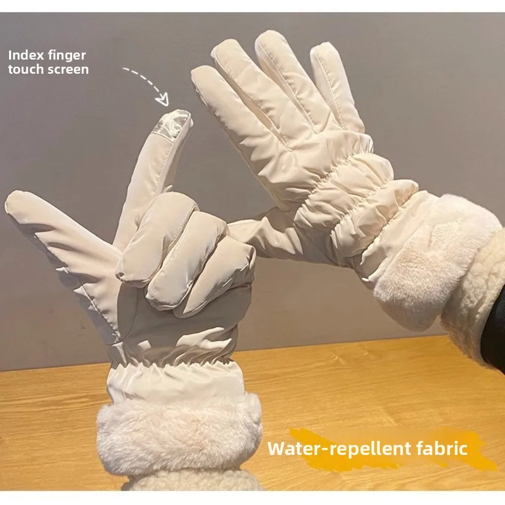 

Winter Warm Gloves Touch Screen Women's Thick Cotton Down Riding Cute and Windproof Skiing Gloves with Velvet