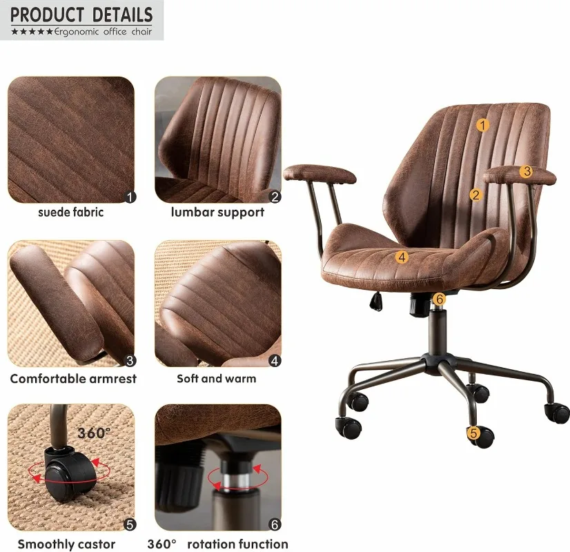 Home Office Desk Chair Computer Chair with Mid-Back Support Armrests Rolling Swivel Wheels Height Adjustable Work Chair