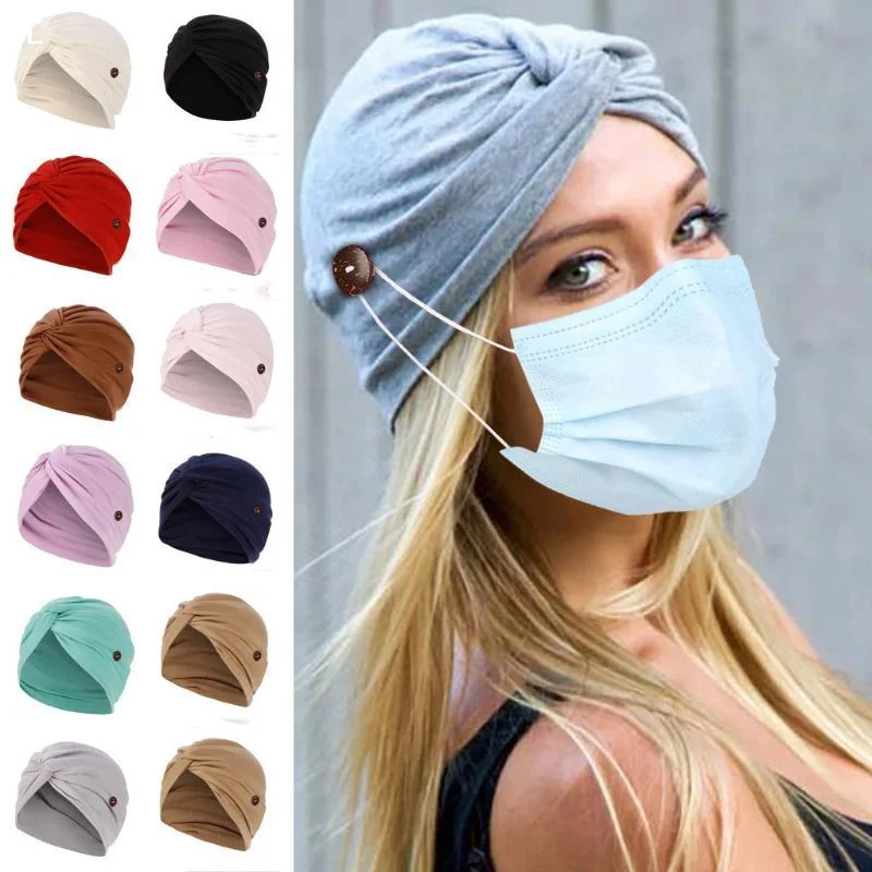 

AttireTroveFashion Muslim Solid Color Turban With Button Multicolor Chemo Cap Women Ear Protection Hair Accessories