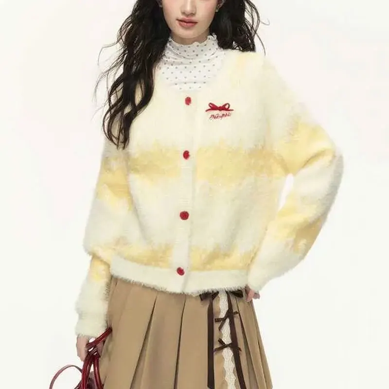 

Модные свитера с милым градиентом и бантом, женская одежда, повседневный полосатый осенне-зимний свободный корейский вязаный кардиган с круглым вырезом