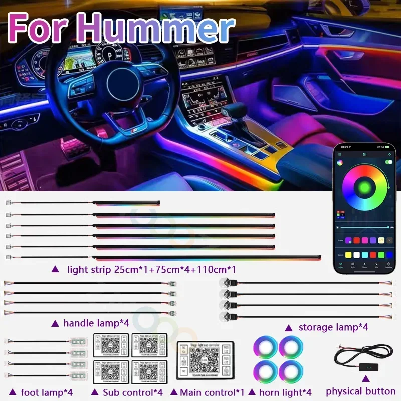 RGB 22in1 Car Interior Acrylic Car Ambient Lights For Hummer H1 H2 H2 H3 Car Interior Modification Lighting Strips Accessories