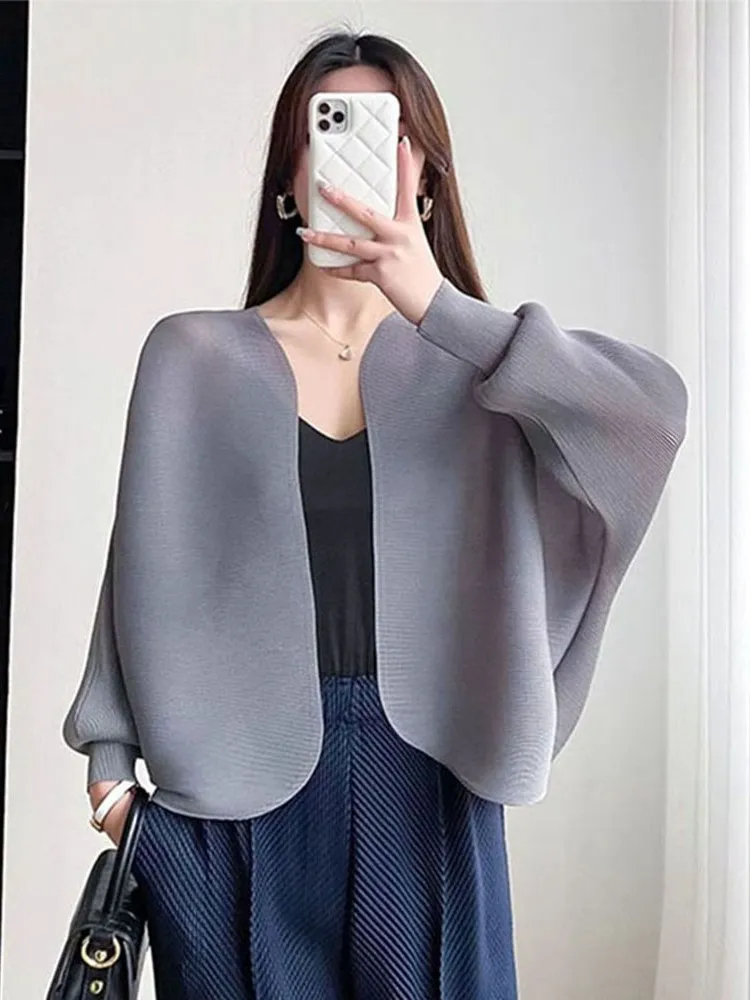 

Grey Versatile Long Sleeve Folded Hem Sweater Coat Simple Retro Style All-Match Summer Fashionable Pure Color Women's Top