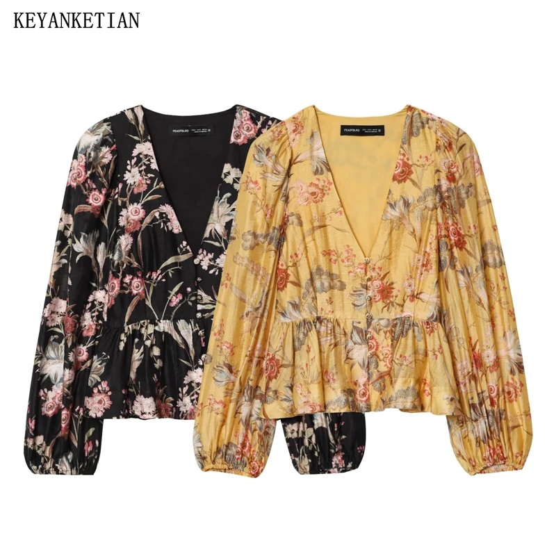 

KEYANKETIAN 2026 Spring New Women's Bohemian style Floral Print V Neck Blouse Lantern Sleeve Ruffle Hem Peplum Shirt Loose Top
