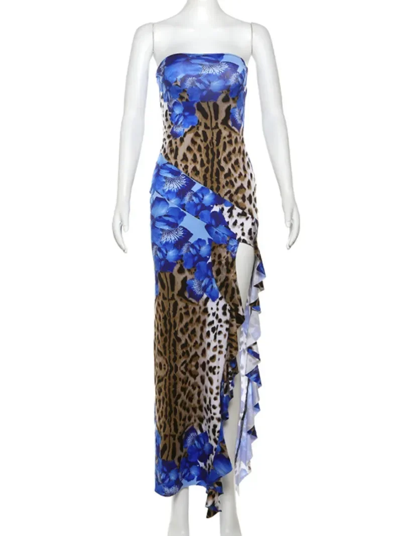 Vestidos florales azules sin tirantes para mujer, ropa Sexy con estampado de leopardo, abertura alta, volantes, sin mangas, Vestido largo de fiesta de noche