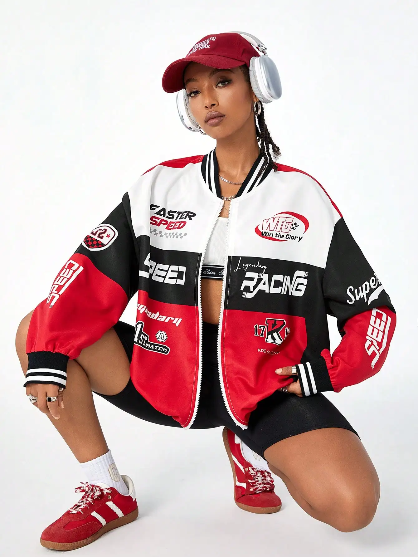 

Women's Racing Print Color Block Baseball Jacket - Streetwear Blokecore Style for Fall & Back to School