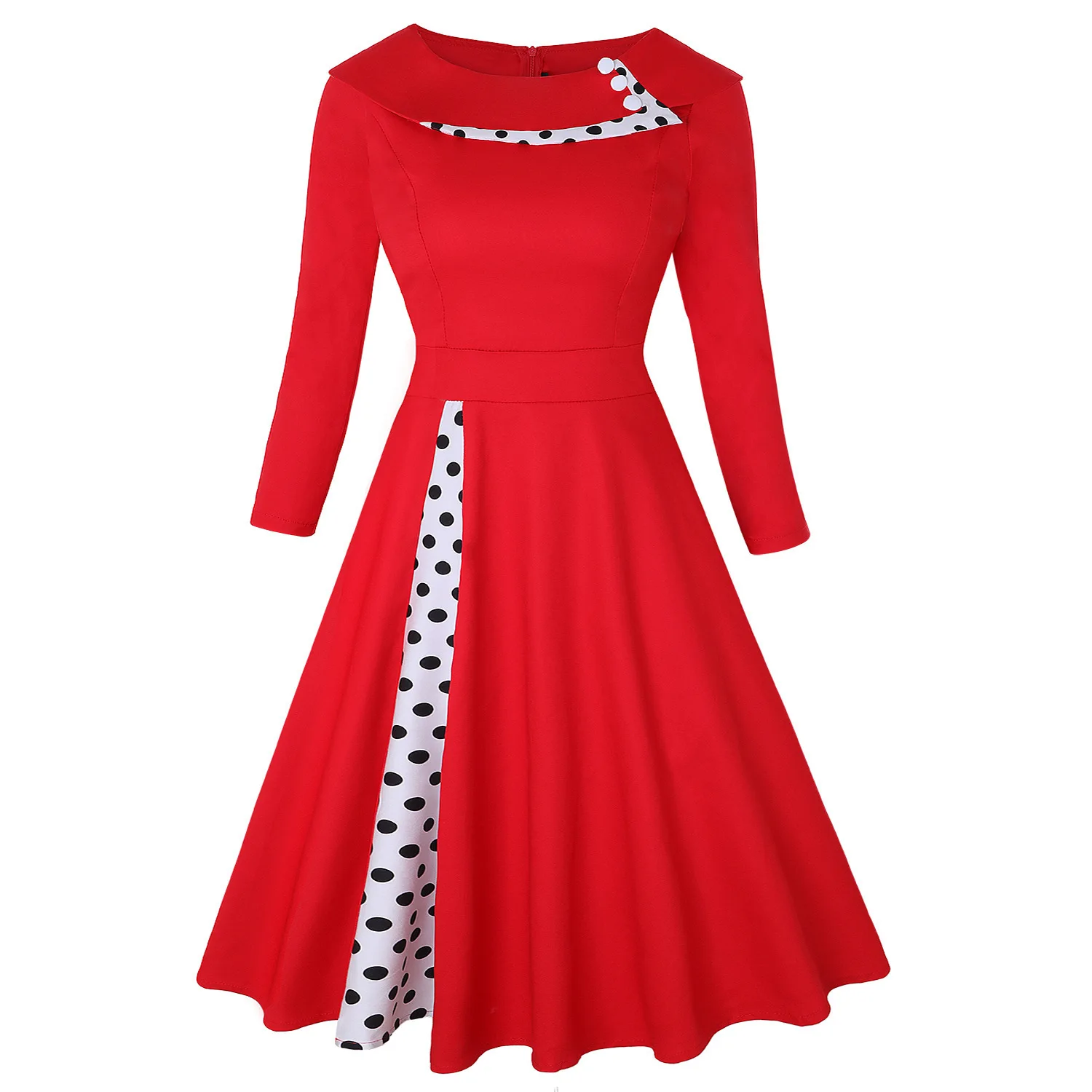 Women Vintage Dress Summer Rockabilly Polka Dot Print Sexy Patchwork Long Sleeve High Waist Ladies Midi Skirt Casual Party  Robe