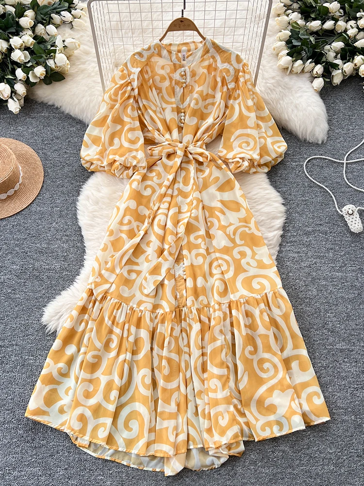 Zomer Franse chiffon jurk met korte mouwen voor dames Strandvakantie Single Breasted Lantaarn Mouw Gedrukt Lange Jurk Vrouwelijke J61