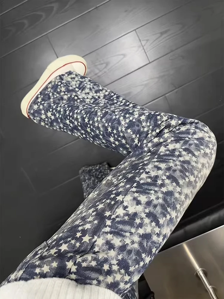 

American Sle Tie Dye Star Embroidery Loose Wide Leg Jeans Men's Faionable Casual Straight Cut Jeans mid Waist Zipper Fly