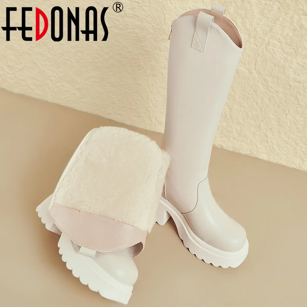 

FEDONAS Newest Wool Blend Women Knee High Boots Winter Elegant Genuine Leather Warm Shoes Woman Office Lady Platforms High Boots