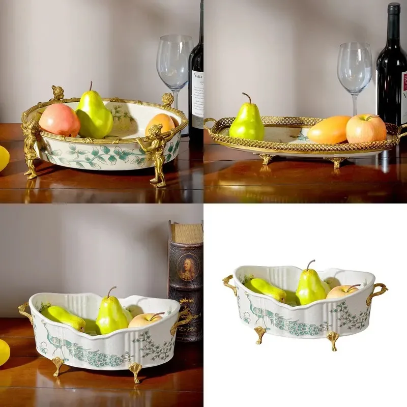 European Luxury Ceramic Fruit Tray Retro Peacock Design Large Brass Ornament for Villa Living Room Home Decor