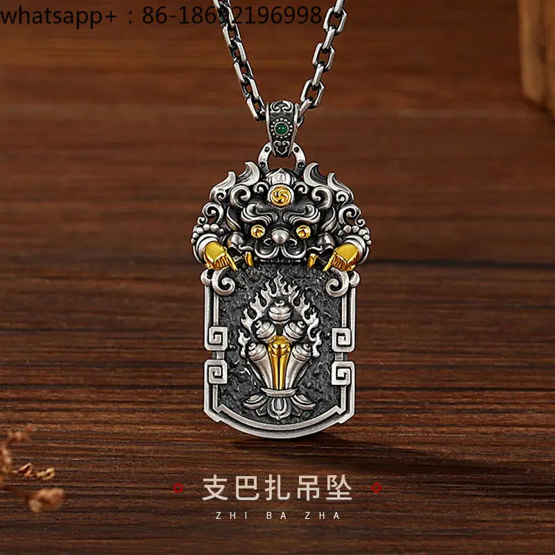 Bazaar Pendant, Men's Sterling Silver, Men's Vajra Pestle, Patron Saint, Long Men's Natal Year Necklace.