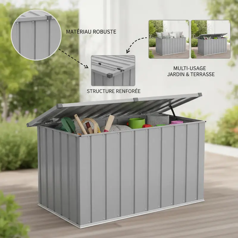Caisse de rangement de jardin 109 x 67 x 65 cm en acier galvanisé gris, cadre robuste résistant aux intempéries, grand espace de rangement, rangement polyvalent pour coussins, outils de jardin, couvertures, terrasse, balcon, jardin, moderne