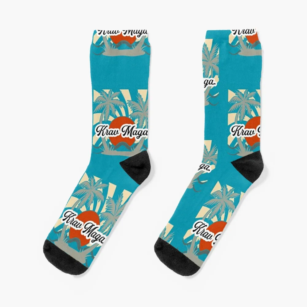 Krav Maga Beach T-Shirt, Retro, Red Sun and Palm Trees Socks Non-slip designer Men Socks Women's