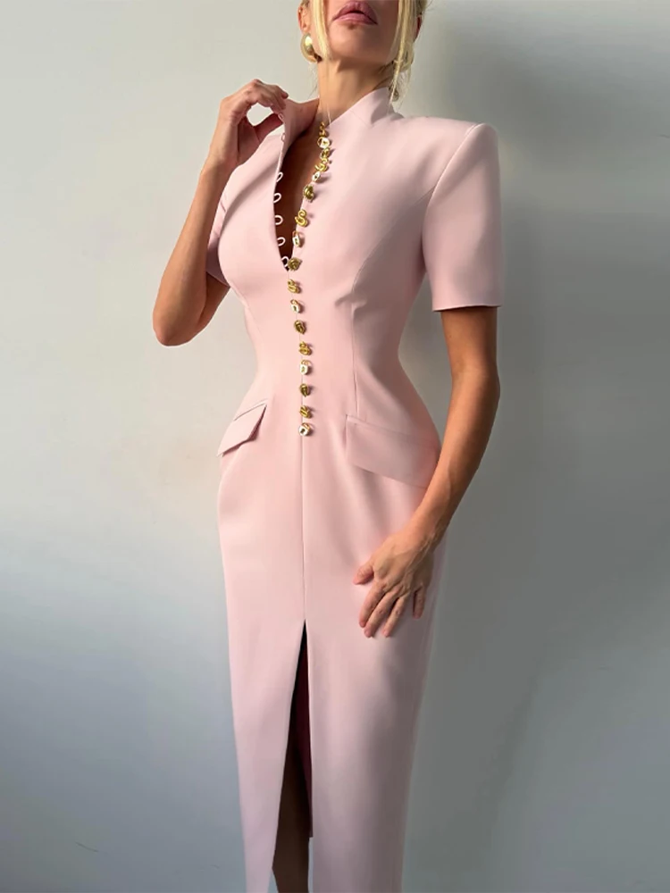 Tief Ausgeschnittenes Kurzarm-Kleid mit Taillenschnürung Langes Damenkleid Sexy Einreihiges Einfarbiges Schlankes Party-Abendkleid Schickes Damenkleid Vestido – Detail 20