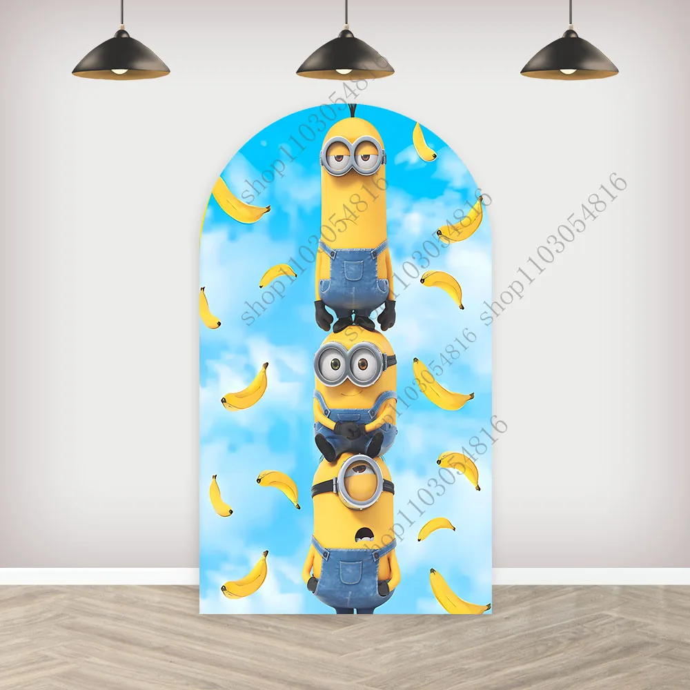 MINISO The Minions Arch Fondale fotografico Parete ad arco blu per bambini Festa di compleanno Baby Shower Sfondo fotografico bifacciale