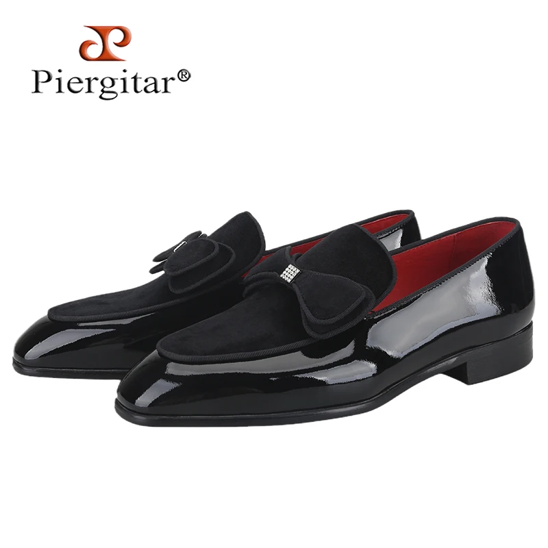 Piergitar Black Patent Leather Patchwork Velvet Men's Loafers Handmade Bow Tie Moccasins British Classic Style Smoking Slippers