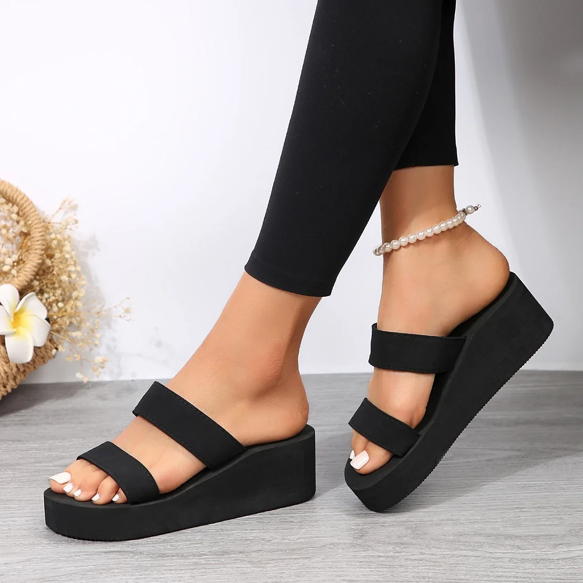 Wedge Heel Thick Sole Ladies Sandals High Heels Sandals Summer Casual Women Shoes Beach Flip Flops Solid Slides Women Slippers