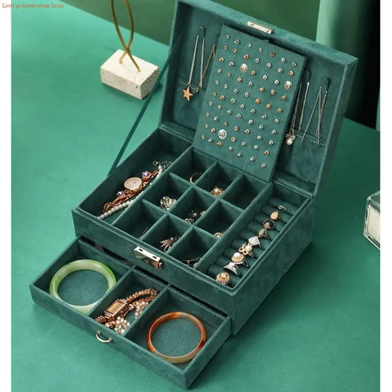 F92D Elegant Emerald Velvets Jewelry Organizers Storage Compartment Dustproof Lining