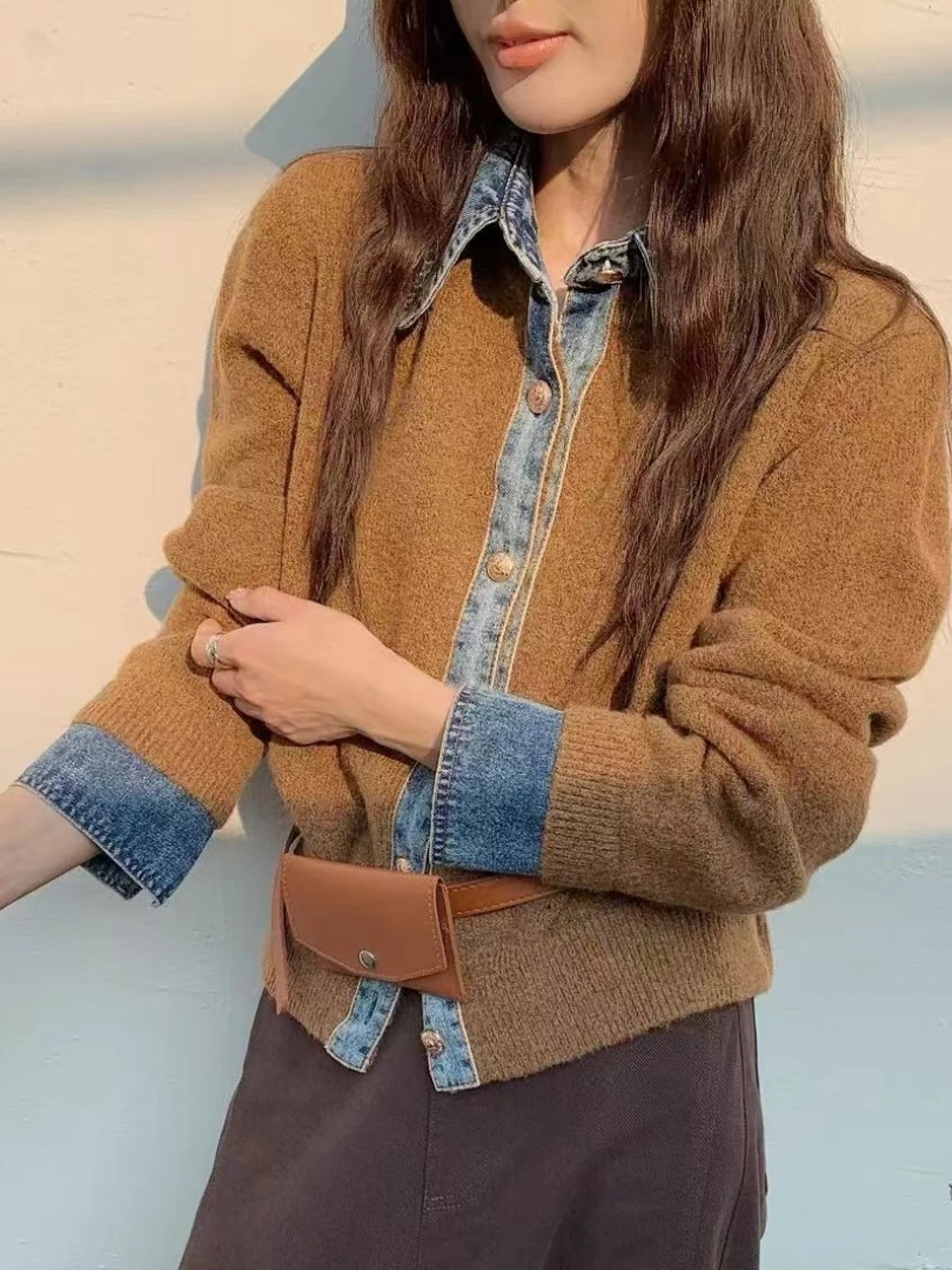 Korean Style Chic Knitted Sweater with Denim Collar Fake Two-Piece Long Sleeve Women's Autumn Fashion Outerwear