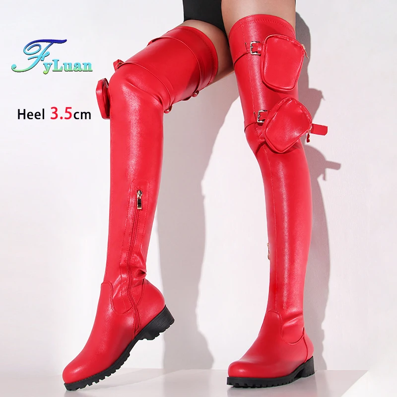 

Женские сапоги до бедра на низком каблуке 3,5 см с круглым носком, эластичные сапоги выше колена, красная сумка из мягкой кожи, большой размер 34-47, осенняя обувь