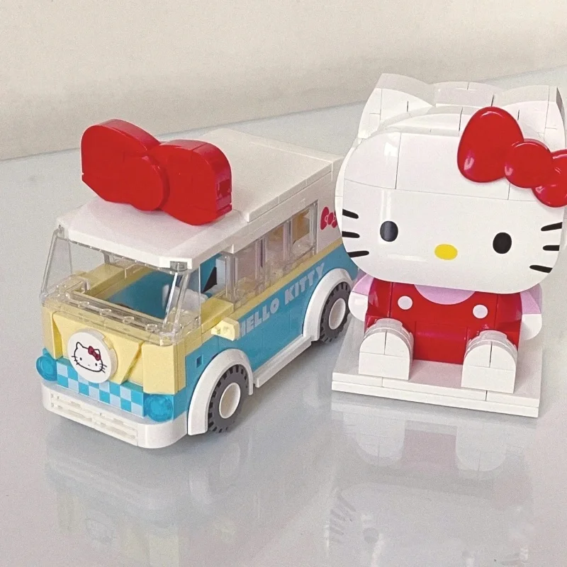 Compatible with Sanrio genuine Hello Kitty spring outing minibus building blocks school bus assembled toys gift anime ornaments