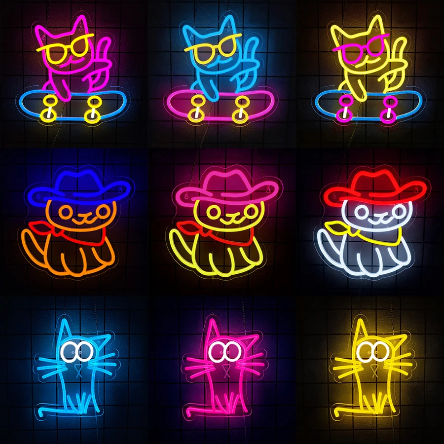 Letreiro Neon de Gato com Óculos, Luz LED de Gato Fofo, Letreiro Luminoso de Animal para Decoração de Quarto, Arte de Parede para Pet Shop, Presente para Adolescente