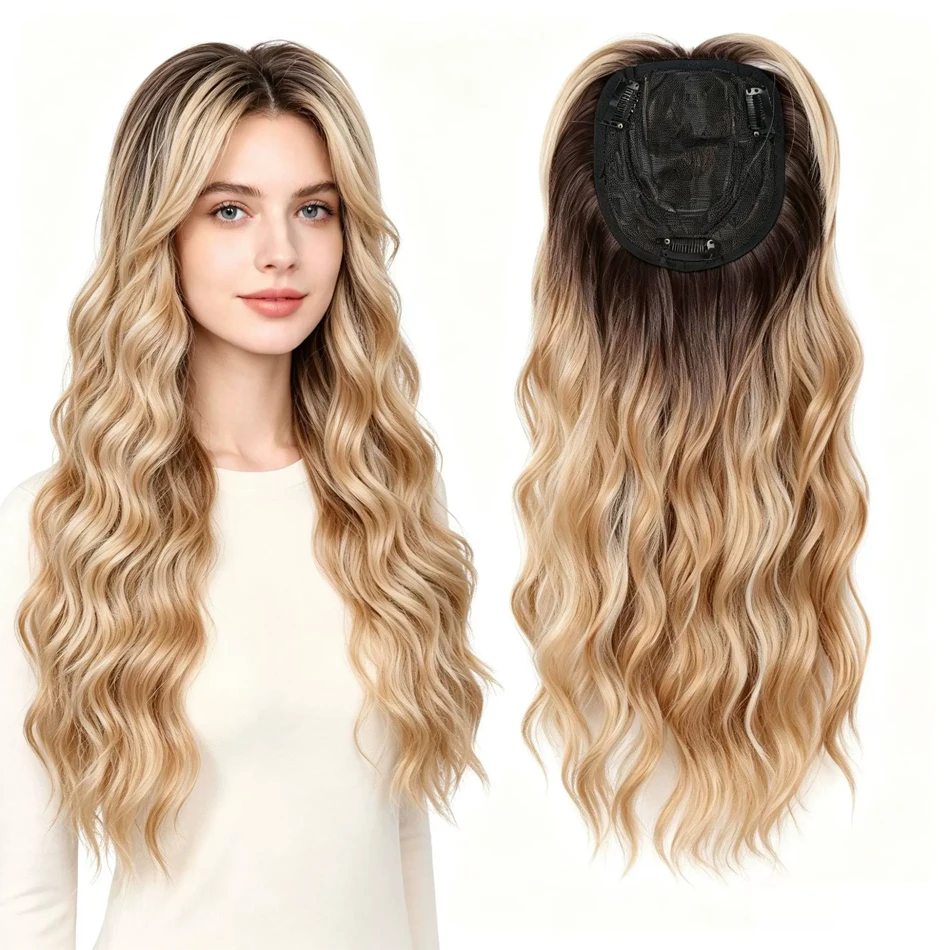 18Inch Natural Synthetic Middle-part Hair Bangs Extension With Clips Curly Wavy Topper Wig For Women Solution for Thinning Hair