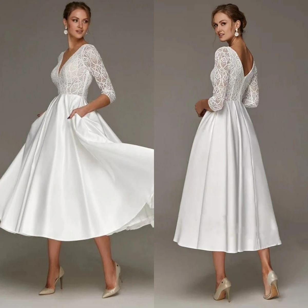 

Customized White Satin Exquisite Appliques Fashion Wedding Dress Luxury V-neck Romantic Bridal Party Delicate Vestido De Novia