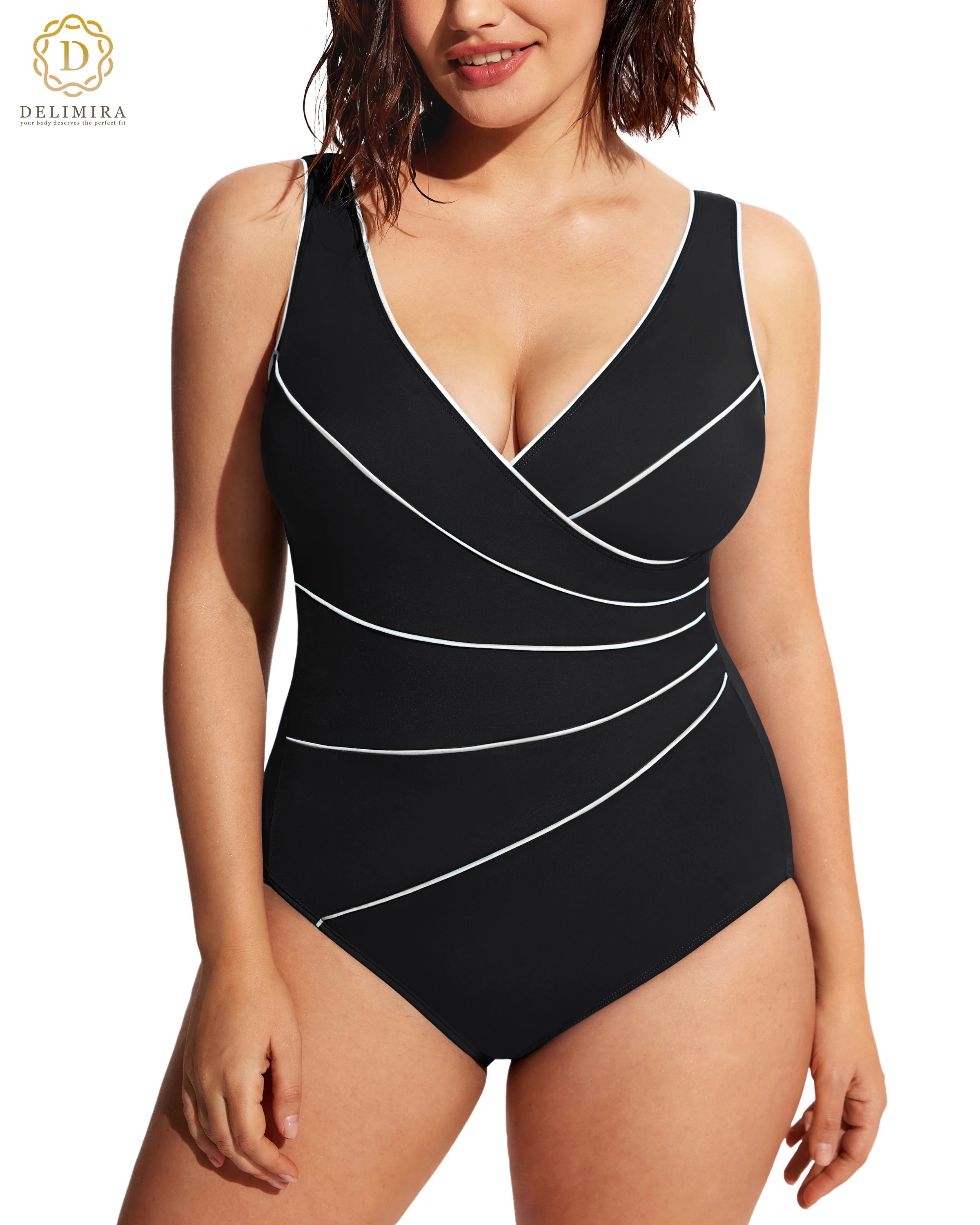 

DELIMIRA Women's Slimming Swimwear One Piece Piped Swimsuit Plus Size Bathing Suit