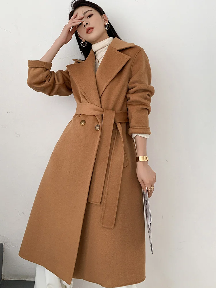 100% Pure Wool Women\'s Coat Pure Color Ribbon Belt Reversible Woolen Coat Fall Winter Fashion Flattering Women\'s Coat Warm