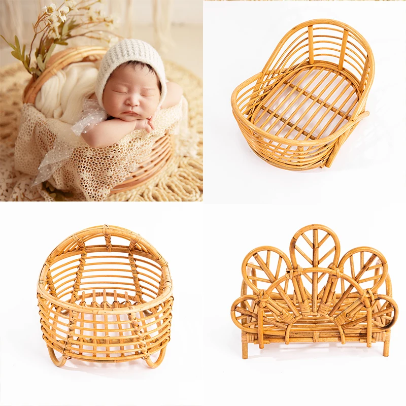 Newborn Photo Bamboo Basket Props Mini Wooden Chair Moulding Infant Posing Container Studio Baby Girl Boy Photo Accessories