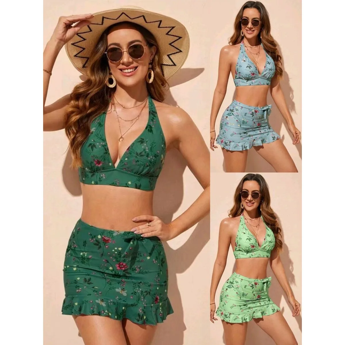 

Floral Print Bikini Set Women's Tee-Piece Swimsuit with Saes Skirt Sle e Design Sports/ Yoga/ Fitn/ Fans Goods