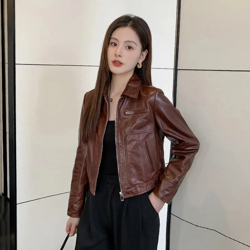 Cowhide Real Motorcycle Jackets for Women Spring Autumn 2024 Trend High-end Vintage High Waist Cropped Genuine Leather Coats