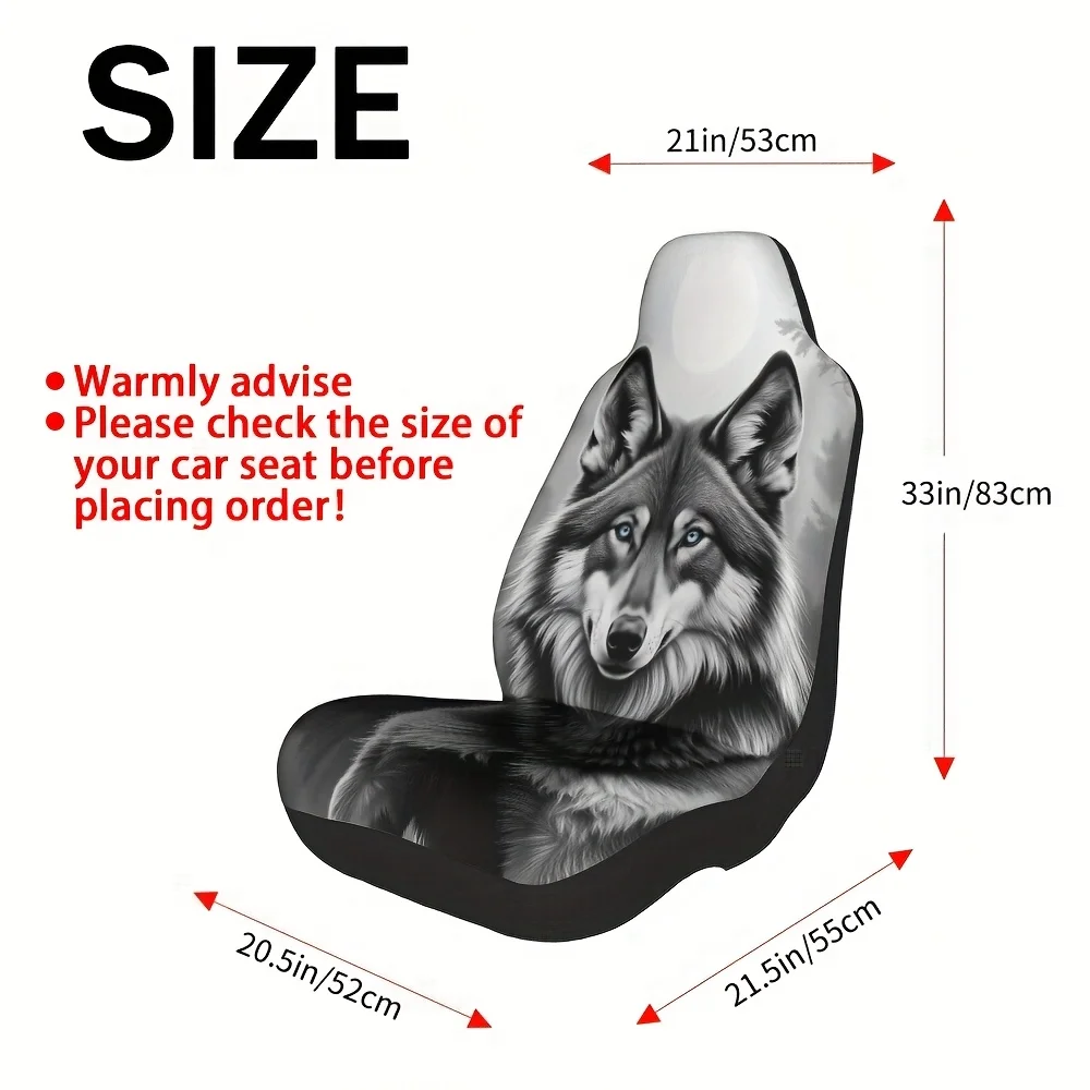 2pcs Wolf Animal Portrait Car Seat Covers - Modern Wolf Design, Fit For SUVs, Sedans, Trucks, Washable & Comfortable, Durable Po