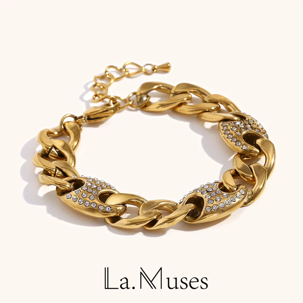 La. Muses Design Button Shaped Diamond Grinding Chain Stainless Steel Women's Bracelet Exaggerated Design Waterproof Jewelry