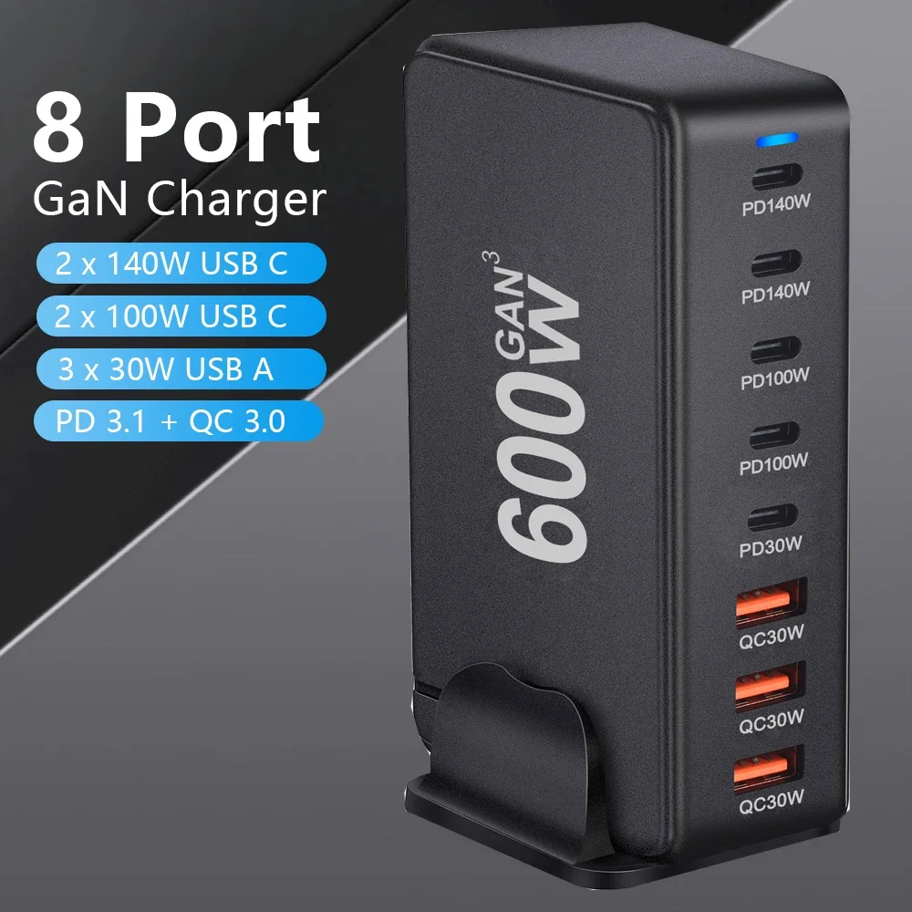 

600W GaN USB C Charger 8 port Desktop Charging Station PD3.0 USB Type C Fast Charger For iPhone16/Samsung/MacBook/iPad/Xiaomi